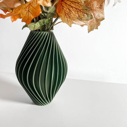 Modern Vase, Contemporary Sculptural Ribbed Geometry, Japandi Olivegreen Tabletop Accent