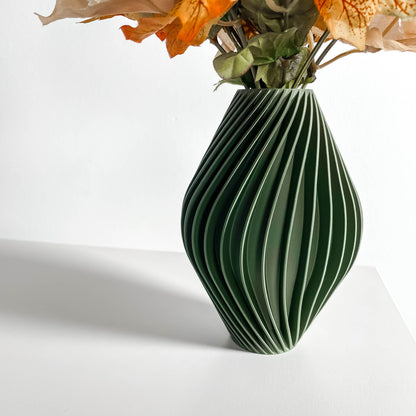 Modern Vase, Contemporary Sculptural Ribbed Geometry, Japandi Olivegreen Tabletop Accent