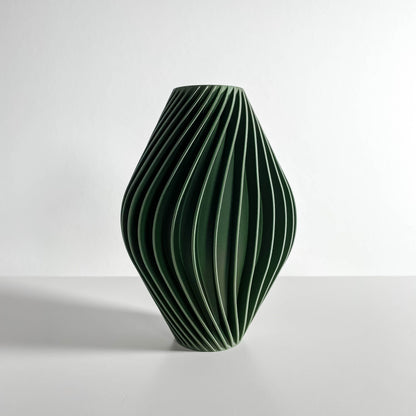Modern Vase, Contemporary Sculptural Ribbed Geometry, Japandi Olivegreen Tabletop Accent
