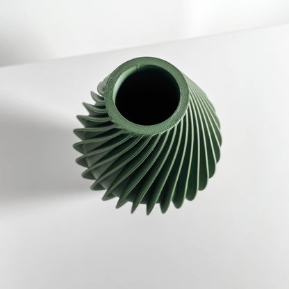 Modern Vase, Contemporary Sculptural Ribbed Geometry, Japandi Olivegreen Tabletop Accent