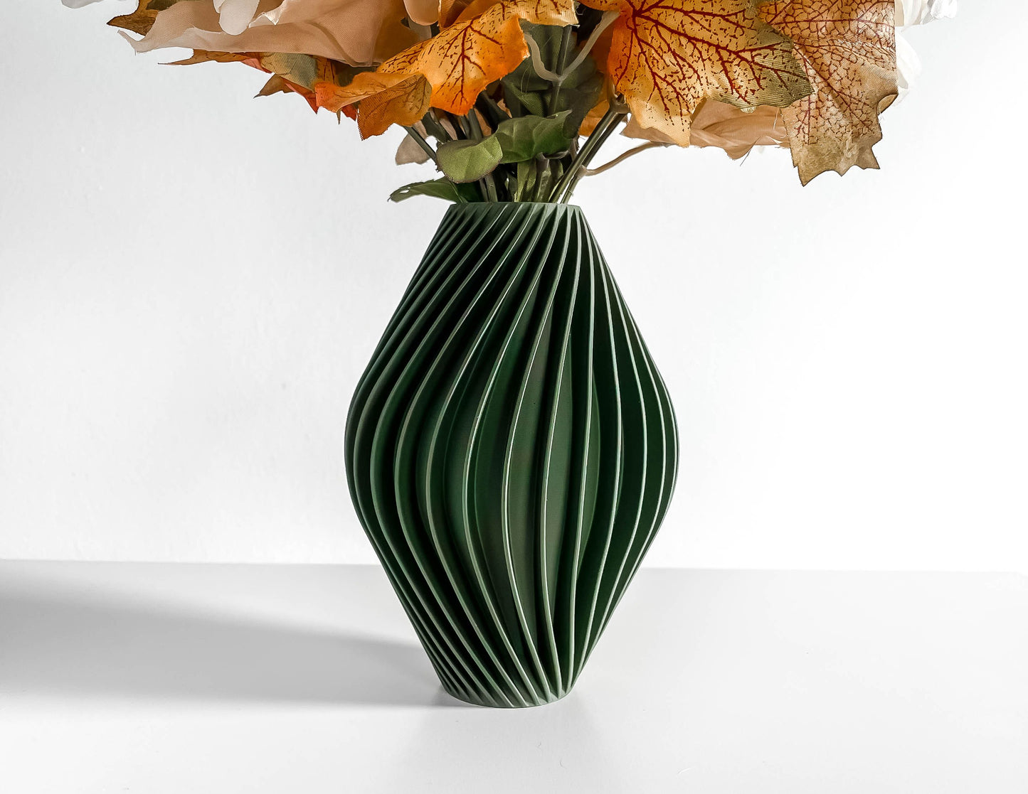 Modern Vase, Contemporary Sculptural Ribbed Geometry, Japandi Olivegreen Tabletop Accent