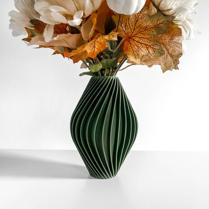 Modern Vase, Contemporary Sculptural Ribbed Geometry, Japandi Olivegreen Tabletop Accent