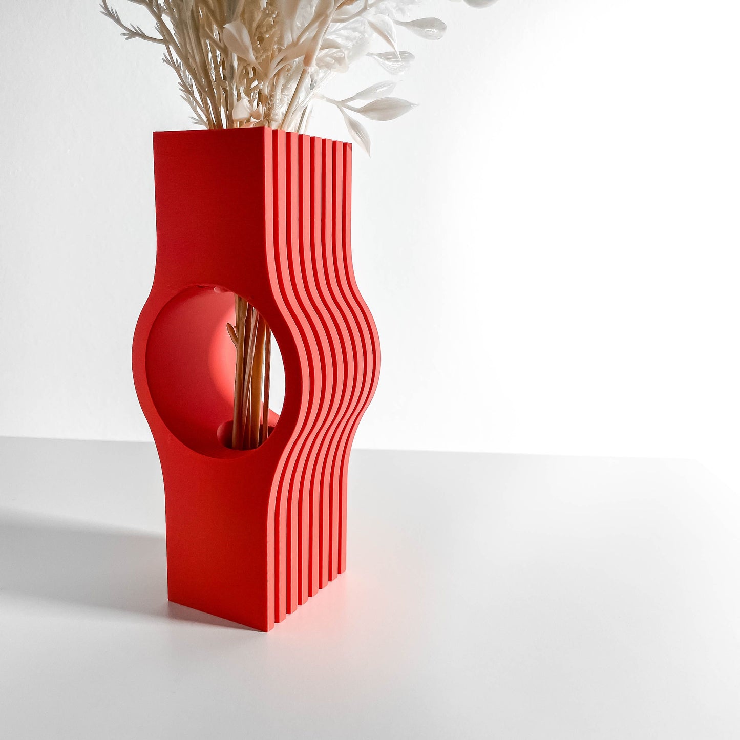 Arrangement Vase, Contemporary Ribbed Tabletop Flower Holder, Circle Tower, Mantel Statement, Dried Eucalyptus